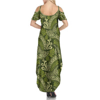 Olive Green Monstera Family Matching Summer Maxi Dress and Hawaiian Shirt Polynesian Tribal Pattern - Polynesian Pride