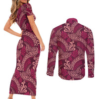 Sweet Pink Monstera Couples Matching Short Sleeve Bodycon Dress and Long Sleeve Button Shirt Polynesian Tribal Pattern - Polynesian Pride