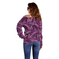 Royal Purple Monstera Off Shoulder Sweater Polynesian Tribal Pattern - Polynesian Pride