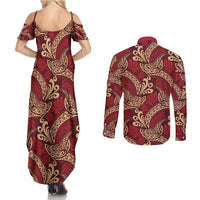Luxury Red Monstera Couples Matching Summer Maxi Dress and Long Sleeve Button Shirt Polynesian Tribal Pattern - Polynesian Pride