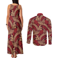 Luxury Red Monstera Couples Matching Tank Maxi Dress and Long Sleeve Button Shirt Polynesian Tribal Pattern LT01 - Polynesian Pride