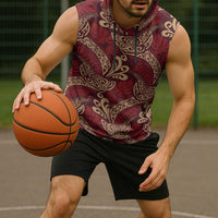 Luxury Red Monstera Sleeveless Hoodie Polynesian Tribal Pattern - Polynesian Pride