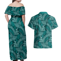 Teal Monstera Couples Matching Off Shoulder Maxi Dress and Hawaiian Shirt Polynesian Tribal Pattern LT01 - Polynesian Pride
