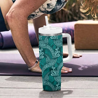 Teal Monstera Tumbler With Handle Polynesian Tribal Pattern - Polynesian Pride