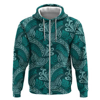 Teal Monstera Zip Hoodie Polynesian Tribal Pattern - Polynesian Pride