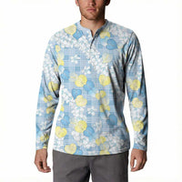 Anthurium Plumeria Lei Pastel Button Sweatshirt Blue Hawaiian Splendid Palaka