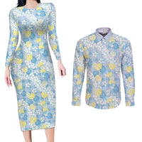 Anthurium Plumeria Lei Pastel Couples Matching Long Sleeve Bodycon Dress and Long Sleeve Button Shirt Blue Hawaiian Splendid Palaka