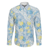 Anthurium Plumeria Lei Pastel Family Matching Off Shoulder Maxi Dress and Hawaiian Shirt Blue Hawaiian Splendid Palaka LT01 Dad's Shirt - Long Sleeve Blue - Polynesian Pride