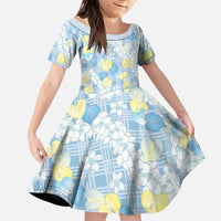 Anthurium Plumeria Lei Pastel Family Matching Short Sleeve Bodycon Dress and Hawaiian Shirt Blue Hawaiian Splendid Palaka LT01 Daughter's Dress Blue - Polynesian Pride