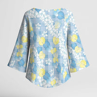 Anthurium Plumeria Lei Pastel Kimono Sleeve Blouse Blue Hawaiian Splendid Palaka