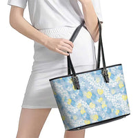 Anthurium Plumeria Lei Pastel Leather Tote Bag Blue Hawaiian Splendid Palaka