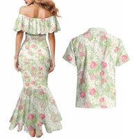 Anthurium Plumeria Lei Pastel Couples Matching Mermaid Dress and Hawaiian Shirt Green Hawaiian Splendid Palaka LT01 - Polynesian Pride