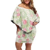 Anthurium Plumeria Lei Pastel Off Shoulder Short Dress Green Hawaiian Splendid Palaka