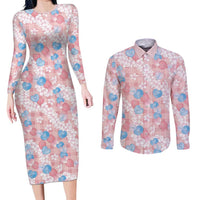 Anthurium Plumeria Lei Pastel Couples Matching Long Sleeve Bodycon Dress and Long Sleeve Button Shirt Pink Hawaiian Splendid Palaka
