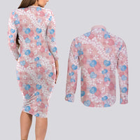 Anthurium Plumeria Lei Pastel Couples Matching Long Sleeve Bodycon Dress and Long Sleeve Button Shirt Pink Hawaiian Splendid Palaka