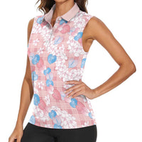 Anthurium Plumeria Lei Pastel Women Sleeveless Polo Shirt Pink Hawaiian Splendid Palaka