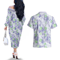 Anthurium Plumeria Lei Pastel Couples Matching Off The Shoulder Long Sleeve Dress and Hawaiian Shirt Purple Hawaiian Splendid Palaka LT01 - Polynesian Pride