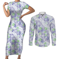 Anthurium Plumeria Lei Pastel Couples Matching Short Sleeve Bodycon Dress and Long Sleeve Button Shirt Purple Hawaiian Splendid Palaka LT01 Purple - Polynesian Pride