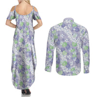 Anthurium Plumeria Lei Pastel Couples Matching Summer Maxi Dress and Long Sleeve Button Shirt Purple Hawaiian Splendid Palaka