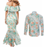 Anthurium Plumeria Lei Pastel Couples Matching Mermaid Dress and Long Sleeve Button Shirt Teal Hawaiian Splendid Palaka