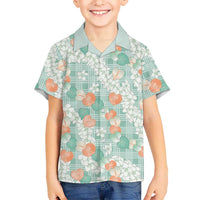 Anthurium Plumeria Lei Pastel Family Matching Off Shoulder Short Dress and Hawaiian Shirt Teal Hawaiian Splendid Palaka LT01 Son's Shirt Teal - Polynesian Pride