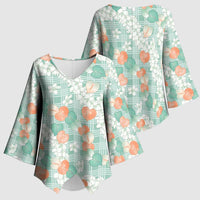 Anthurium Plumeria Lei Pastel Kimono Sleeve Blouse Teal Hawaiian Splendid Palaka