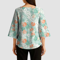 Anthurium Plumeria Lei Pastel Kimono Sleeve Blouse Teal Hawaiian Splendid Palaka