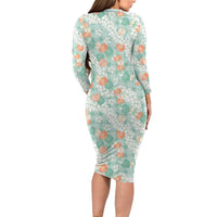 Anthurium Plumeria Lei Pastel Long Sleeve Bodycon Dress Teal Hawaiian Splendid Palaka