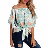 Anthurium Plumeria Lei Pastel Off Shoulder Wrap Waist Top Teal Hawaiian Splendid Palaka LT01 - Polynesian Pride