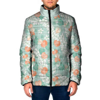 Anthurium Plumeria Lei Pastel Padded Jacket Teal Hawaiian Splendid Palaka