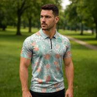 Anthurium Plumeria Lei Pastel Zipper Polo Shirt Teal Hawaiian Splendid Palaka
