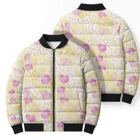 Anthurium Plumeria Lei Pastel Bomber Puffer Jacket Yellow Hawaiian Splendid Palaka