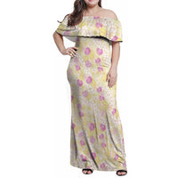 Anthurium Plumeria Lei Pastel Family Matching Off Shoulder Maxi Dress and Hawaiian Shirt Yellow Hawaiian Splendid Palaka LT01 Mom's Dress Yellow - Polynesian Pride