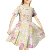 Anthurium Plumeria Lei Pastel Kid Short Sleeve Dress Yellow Hawaiian Splendid Palaka