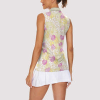 Anthurium Plumeria Lei Pastel Women Sleeveless Polo Shirt Yellow Hawaiian Splendid Palaka