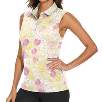 Anthurium Plumeria Lei Pastel Women Sleeveless Polo Shirt Yellow Hawaiian Splendid Palaka