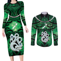 Personalised Maori Matariki Manaia Kakariki Couples Matching Long Sleeve Bodycon Dress and Long Sleeve Button Shirt Maori Kowhaiwhai Pattern Galaxy