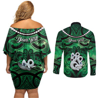 Personalised Maori Matariki Manaia Kakariki Couples Matching Off Shoulder Short Dress and Long Sleeve Button Shirt Maori Kowhaiwhai Pattern Galaxy