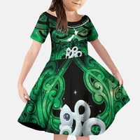 Personalised Maori Matariki Manaia Kakariki Family Matching Off Shoulder Maxi Dress and Hawaiian Shirt Maori Kowhaiwhai Pattern Galaxy LT01 Daughter's Dress Green - Polynesian Pride