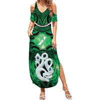 Personalised Maori Matariki Manaia Kakariki Family Matching Summer Maxi Dress and Hawaiian Shirt Maori Kowhaiwhai Pattern Galaxy LT01 Mom's Dress Green - Polynesian Pride