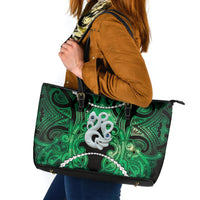 Maori Matariki Manaia Kakariki Leather Tote Bag Maori Kowhaiwhai Pattern Galaxy