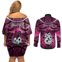 Personalised Maori Matariki Manaia Mawhero Couples Matching Off Shoulder Short Dress and Long Sleeve Button Shirt Maori Kowhaiwhai Pattern Galaxy
