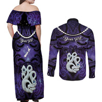 Personalised Maori Matariki Manaia Waiporoporo Couples Matching Off Shoulder Maxi Dress and Long Sleeve Button Shirt Maori Kowhaiwhai Pattern Galaxy