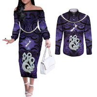 Personalised Maori Matariki Manaia Waiporoporo Couples Matching Off The Shoulder Long Sleeve Dress and Long Sleeve Button Shirt Maori Kowhaiwhai Pattern Galaxy LT01 Purple - Polynesian Pride