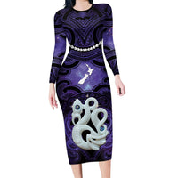 Personalised Maori Matariki Manaia Waiporoporo Family Matching Long Sleeve Bodycon Dress and Hawaiian Shirt Maori Kowhaiwhai Pattern Galaxy LT01 Mom's Dress Purple - Polynesian Pride
