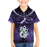 Personalised Maori Matariki Manaia Waiporoporo Family Matching Long Sleeve Bodycon Dress and Hawaiian Shirt Maori Kowhaiwhai Pattern Galaxy LT01 Son's Shirt Purple - Polynesian Pride