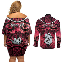 Personalised Maori Matariki Manaia Whero Couples Matching Off Shoulder Short Dress and Long Sleeve Button Shirt Maori Kowhaiwhai Pattern Galaxy