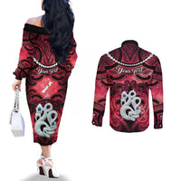 Personalised Maori Matariki Manaia Whero Couples Matching Off The Shoulder Long Sleeve Dress and Long Sleeve Button Shirt Maori Kowhaiwhai Pattern Galaxy