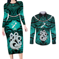 Personalised Maori Matariki Manaia Turquoise Couples Matching Long Sleeve Bodycon Dress and Long Sleeve Button Shirt Maori Kowhaiwhai Pattern Galaxy