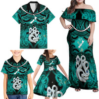 Personalised Maori Matariki Manaia Turquoise Family Matching Off Shoulder Maxi Dress and Hawaiian Shirt Maori Kowhaiwhai Pattern Galaxy LT01 - Polynesian Pride